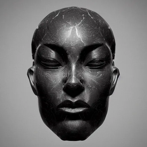 Image similar to a face carved of black marble. black background. expressive eyes. symmetry. epic. ominous shapes. lighting from the bottom. trending on artstation