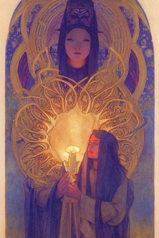 Image similar to goddess of the new city with her lantern, by Annie Swynnerton and Nicholas Roerich and jean delville, dramatic cinematic lighting , ornate headdress , flowing robes, lost civilizations, extremely detailed