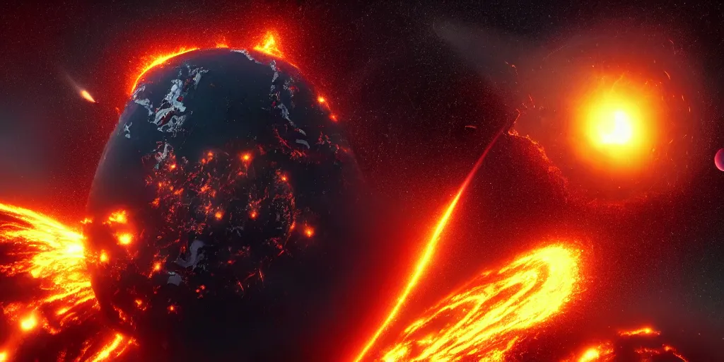 Image similar to orbital earth bombardment seen from space, galactic conquest, hell, fire, inferno, explosion, atomic bomb, dreamcore, realistic, doom, catastrophe, insanity, cinematic, end of humanity, 8 k, hdr, very detailed