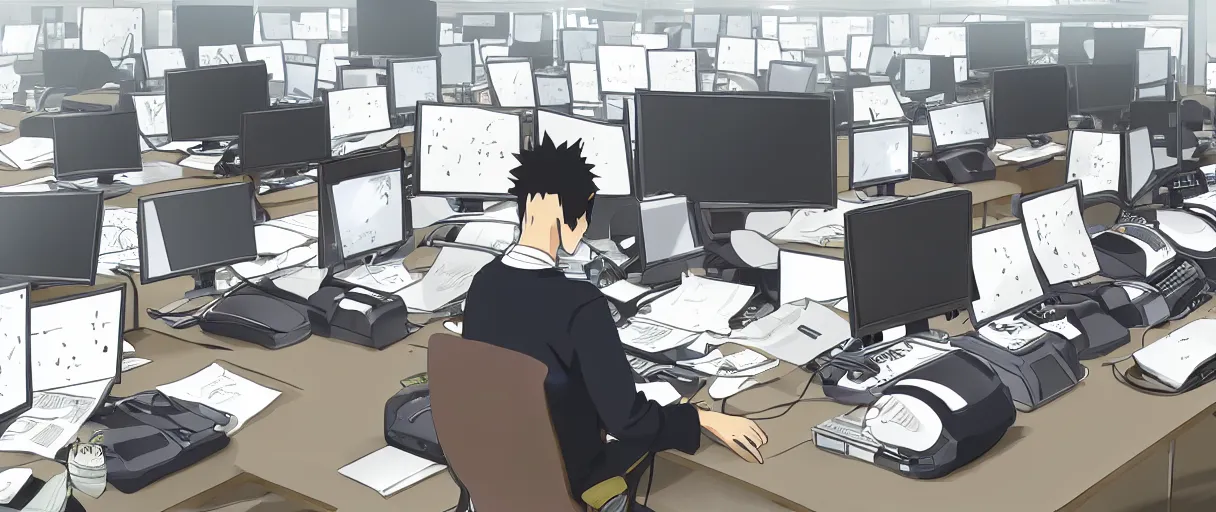 Prompt: anime drawing, a man at a desk with ten different computer monitors, his face flat on the keyboard, sound asleep