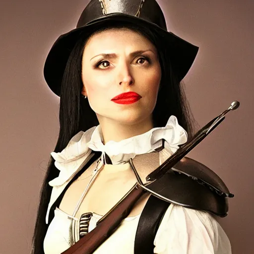 Prompt: photo of a futuristic female musketeer