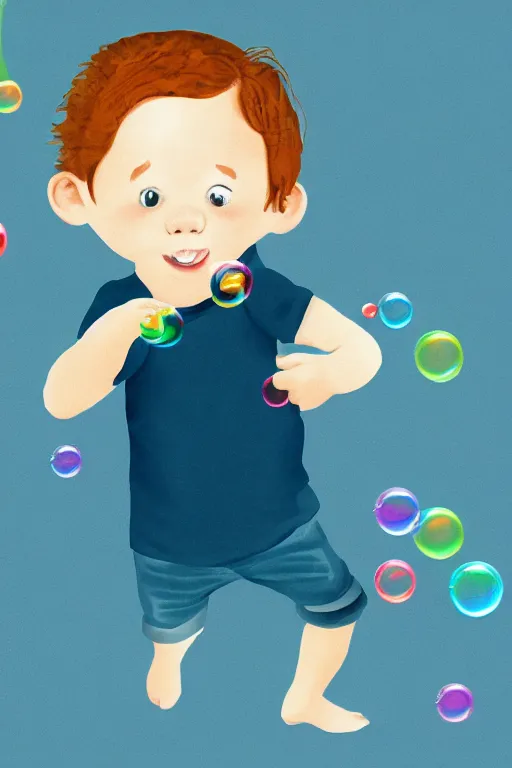 Image similar to a little boy with ginger hair chasing bubbles. clean elegant simple illustration, beautiful detailed face.