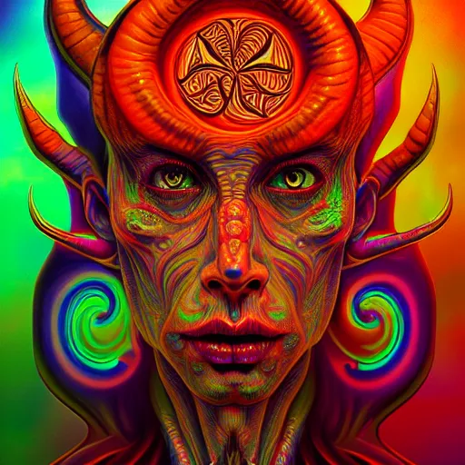 Image similar to An extremely psychedelic portrait of Satan, surreal, LSD, face, detailed, intricate, elegant, lithe, highly detailed, digital painting, artstation, concept art, smooth, sharp focus, illustration