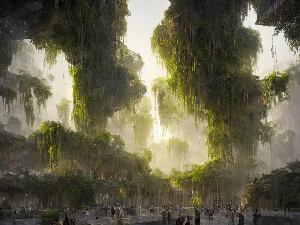 Image similar to the green city of babylon with its wonderful hanging gardens at dawn, intricate, elegant, volumetric lighting, digital painting, highly detailed, artstation, sharp focus, illustration, concept art, ruan jia, steve mccurry