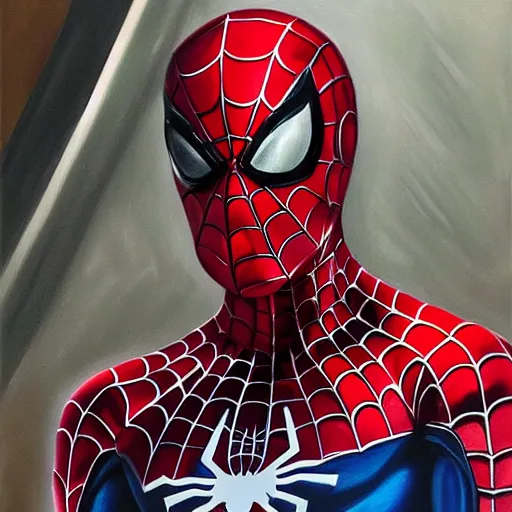 Image similar to photorealistic, hyperdetailed oil painting of a spider - man and iron man hybrid