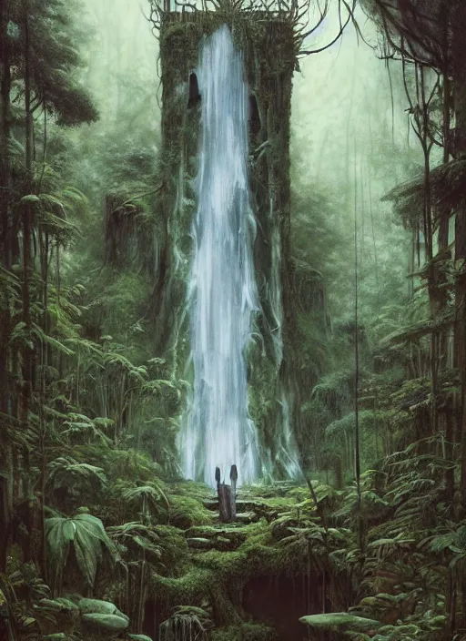 Image similar to a hyper realistic architectural witch shrine under a waterfall in the woods, gorgeous lighting, lush forest foliage, painting by chiara bautista and tom bagshaw, muca beksinski and norman rockwell and greg rutkowski weta studio, and lucasfilm