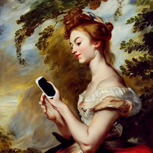 Image similar to heavenly summer sharp land sphere scallop well dressed lady taking a selfie with her iphone auslese, by peter paul rubens and eugene delacroix and karol bak, hyperrealism, digital illustration, fauvist, iphone