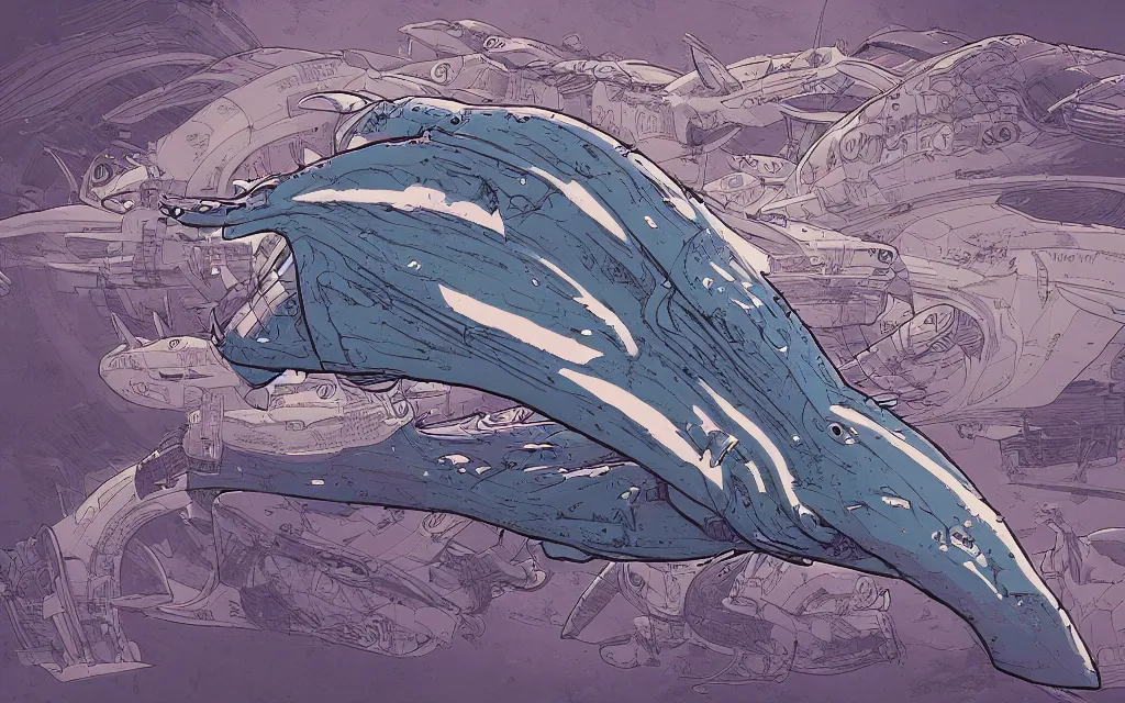 Prompt: biomechanical flying whale, in the style of james jean and laurie greasley, dynamic composition, dramatic lighting, ultra detailed, nitro colors