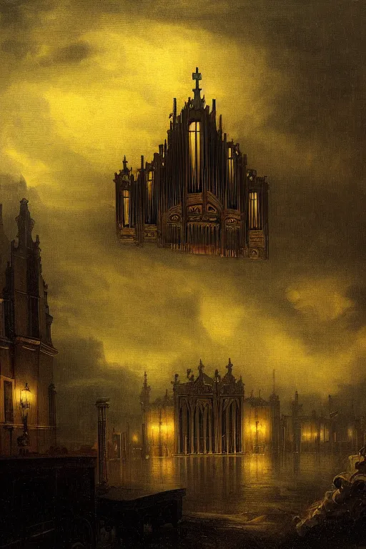 Image similar to dark fantasy matte painting of a city-size pipe organ at night, dark stormy weather by beksinsky and Goya, fine detail