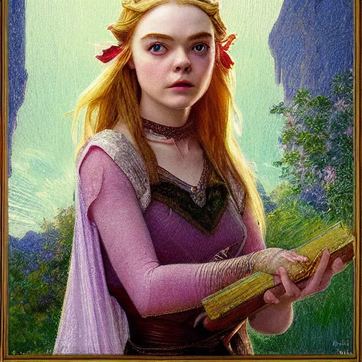 Image similar to Elle Fanning as zelda portrait, Crayon, textured art by Stanley Artgerm Lau , greg rutkowski, thomas kindkade, alphonse mucha, loish, norman rockwell