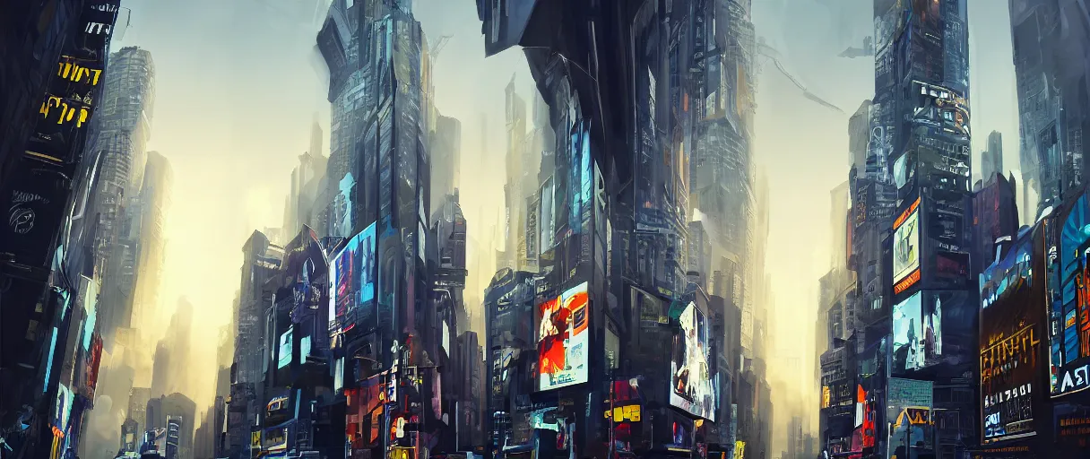 Prompt: huge modern downtown city, billboards, Times Square, dark, concept art, digital painting, style of Ian Hubert, warm lighting, futuristic, volumetric lighting, view from below, daytime, godrays , high detail