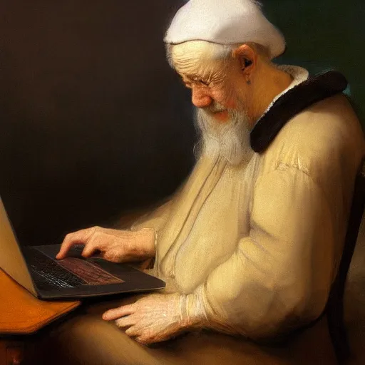 Prompt: old man typing on macbook, by rembrandt