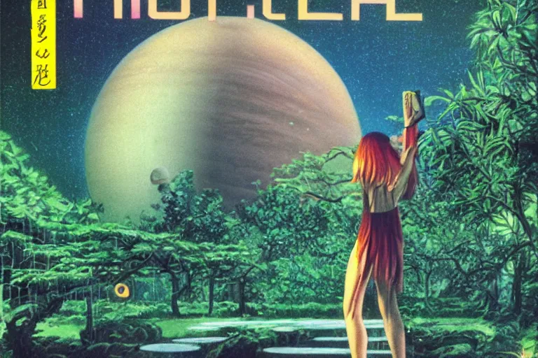 Prompt: 1 9 7 9 omni magazine cover of a nature druid elf at a garden park in neo - tokyo in the clouds of jupiter, in cyberpunk style, by vincent di fate