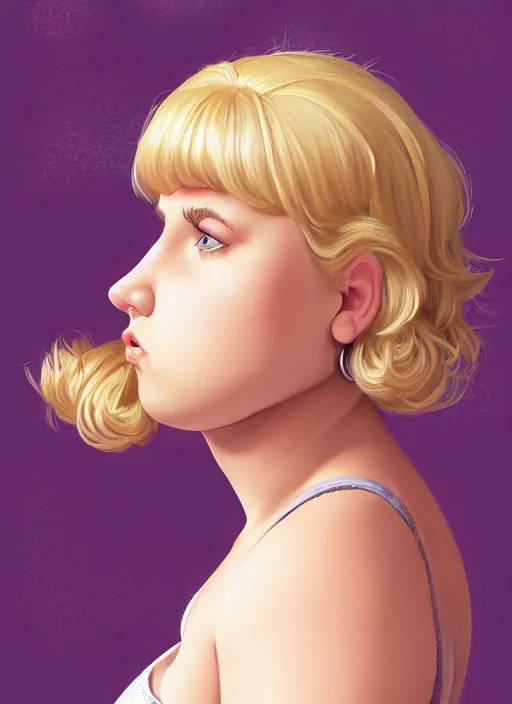 Image similar to full body portrait, teenage betty cooper, blonde hair, obese, bangs, ponytail, sultry, realistic, sultry smirk, fluffy bangs, curly bangs, fat, belly, beautiful girl, intricate, elegant, highly detailed, digital painting, artstation, concept art, smooth, sharp focus, illustration, art by wlop, mars ravelo and greg rutkowski