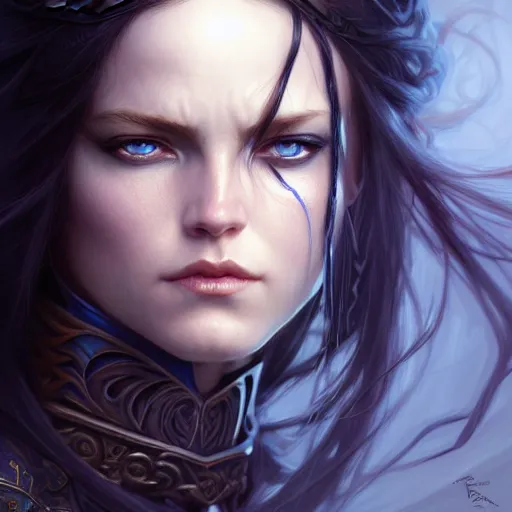 Image similar to Portrait of female warrior, D&D, blue eyes, face, long black hair, fantasy, intricate, elegant, highly detailed, digital painting, artstation, concept art, smooth, sharp focus, illustration, art by artgerm and greg rutkowski and alphonse mucha