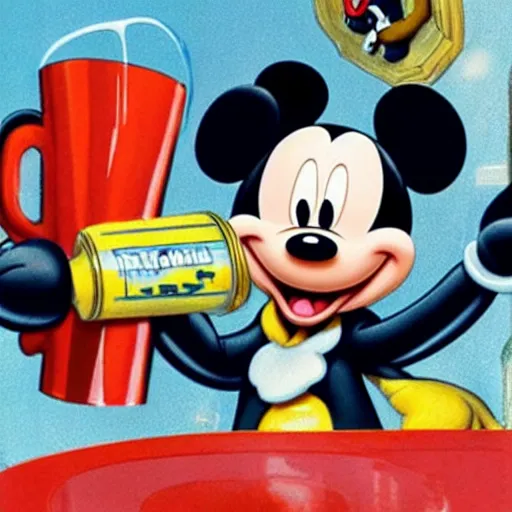 Image similar to Mickey Mouse dressed as a firefighter drinking a mug of beer in a swimming pool, Cover of Rolling Stone magazine, Hyperrealistic,