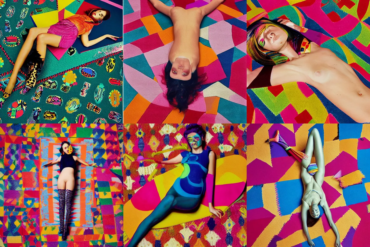 Prompt: a beautiful fashion model laying on a colorful rug, wearing a lot of different colorful ties on her body. surreal photograph, toiletpaper magazine, 3 5 mm photograph, colourful, by pierpaolo ferrari, maurizio cattelan