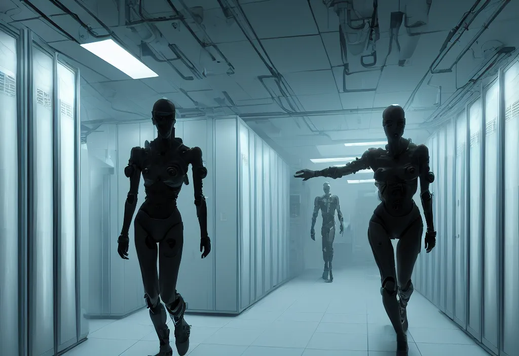 Image similar to android walking in server room in datacenter, shot by cyberpunk syle, character design, proportional body, whole body, whole figure, very realistic cinematic concept art, complementary color, realistic detailed, sharp lines, trending on artstation, volumetric lighting, style by vitaly bulgarov artstaion film by neil blomkamp style, octane render