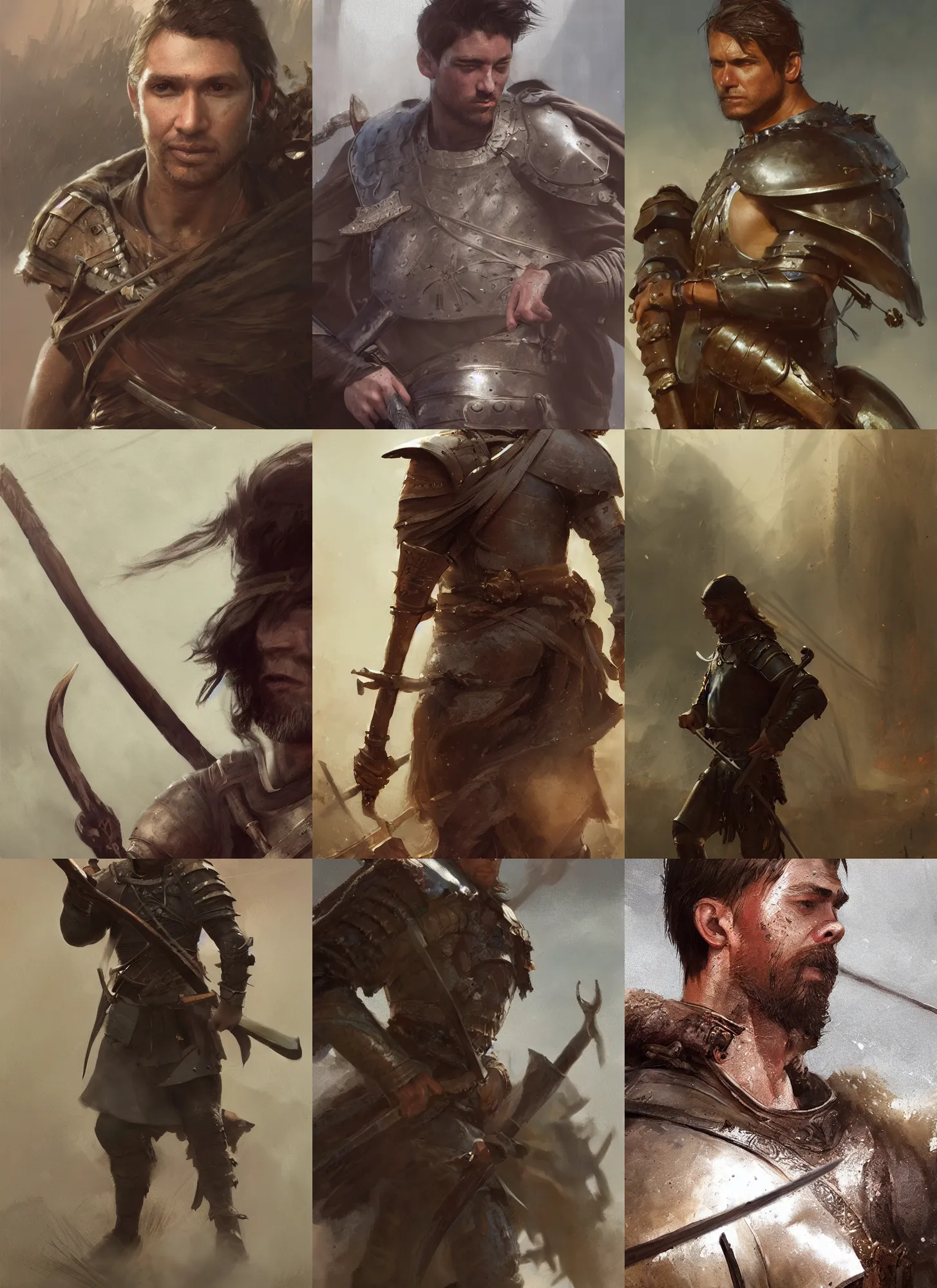 Image similar to medium close up of male medieval warrior walking with weapon on shoulder, brown hair, dirty face, realistic cinematic lighting, photorealistic, reflections, glistening, sweat, greg rutkowski, wlop, ruan jia, artgerm, craig mullins, pixiv, artstation, octane renderer