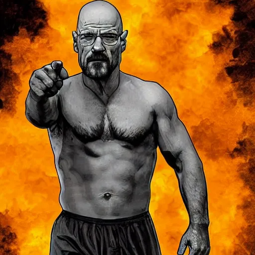 Prompt: buff Walter White walking out of an explosion, accurate anatomy, accurate hands, highly detailed, digital art,