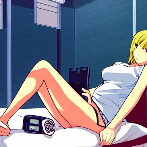 Prompt: anime illustration of a female character wearing shorts and focusing on her slender thighs, she lies in a bed talking on a wired telephone.