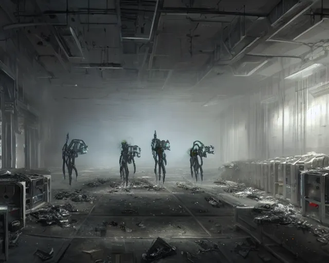 Image similar to spot boston dynamics in gloomy ruined server room in datacenter painting concept art of colossus, sharp focus, emitting diodes, smoke, artillery, pacing, computers, racks, motherboard, by pascal blanche rutkowski artstation detailed matte painting, 4 k resolution