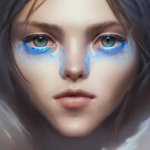 Prompt: portrait of a beautiful young woman with bright blue eyes, bunched dark hair, dressed in a white, detailed face, fantasy, highly detailed, cinematic lighting, digital art painting by greg rutkowski, trending on artstation, very very beautiful, very attractive