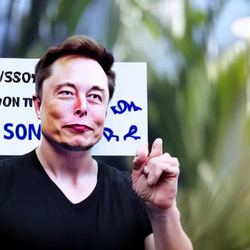 Prompt: a medium shot photograph of elon musk holding a sign with the word SOON SOON SOON SOON SOON SOON SOON SOON SOON SOON SOON SOON SOON SOON SOON SOON SOON SOON SOON SOON SOON SOON SOON SOON' on it, 4k, ultra HD