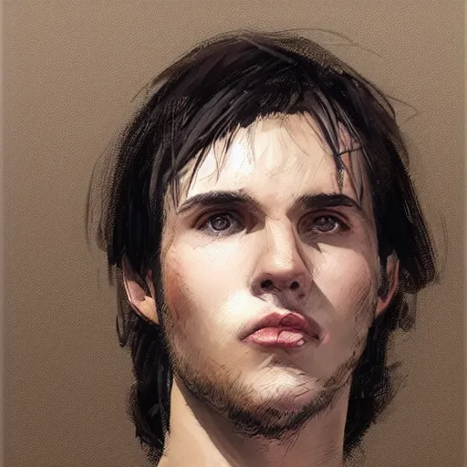 Image similar to Portrait of a man by Greg Rutkowski, he is about 20 years old, mixture between french ans spanish, short brown hair with bangs, attractive, wide forehead, sturdy, he is horrified and resigned looking at the computer screen knowing the schedule for the second semester, he is wearing a black t-shirt, highly detailed portrait, digital painting, artstation, concept art, smooth, sharp foccus ilustration, Artstation HQ