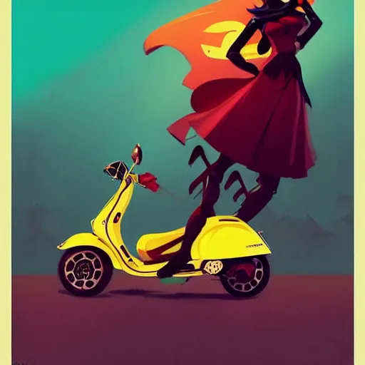 Prompt: turquise vespa moped, in the style of artgerm, gerald brom, atey ghailan and mike mignola, vibrant colors and hard shadows and strong rim light, plain background, comic cover art, trending on artstation