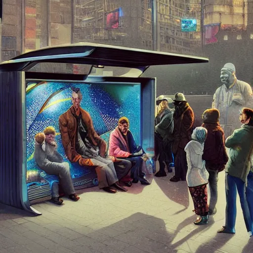 Prompt: people waiting in bus stop, by jozan gonzales, moebius, yukito kishiro, barclay shaw, octane rendered with cinematic dramatic light by karol bak and monge and rutkowsky