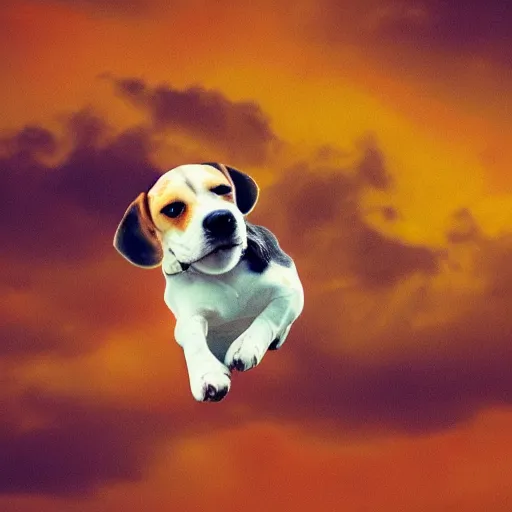 Image similar to a beagle flying in the sky using it's ears as wings, warm colors, cute