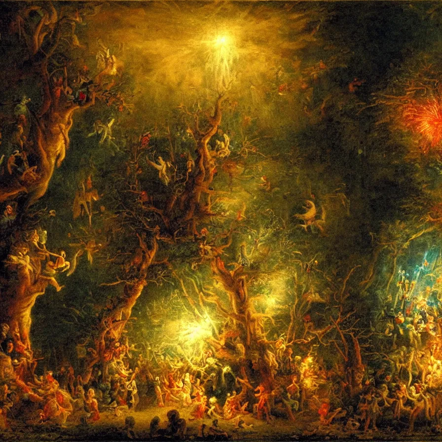 Image similar to closeup of a night carnival inside a tree cavity in a magical forest in the middle of a summer storm, with a music scenario with many fireworks and christmas lights, volumetric lightning, instense god rays in the sky, folklore people disguised with fantastic creatures in a magical forest by summer night, masterpiece painted by fragonard, very coherent and colorful high contrast masterpiece,