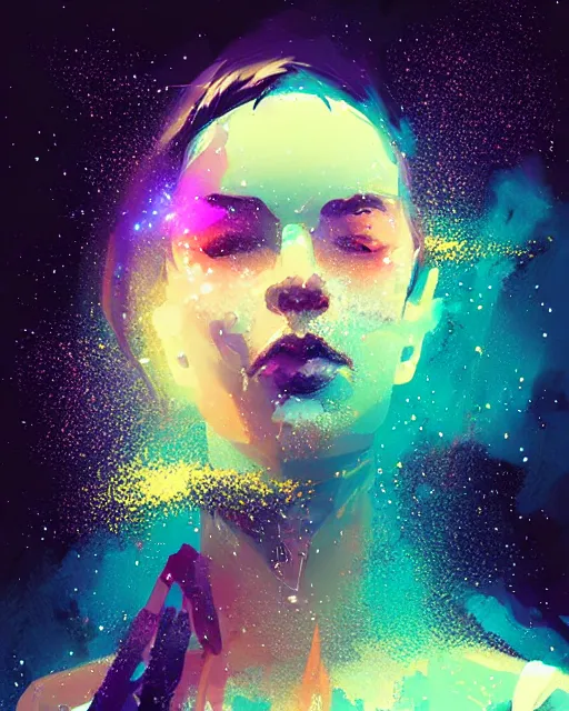 Prompt: liquid smoke beauty portrait, explosion of cosmic dust and sparkles, artgerm, ismail inceoglu, sylvain sarrailh