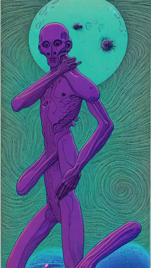 Image similar to ( ( ( ( a humanoid creature from another planet. ) ) ) ) by mœbius!!!!!!!!!!!!!!!!!!!!!!!!!!!, overdetailed art, colorful, artistic record jacket design