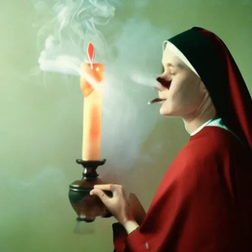 Image similar to a nun exhaling a huge smoke cloud from a cross shaped bong, film still, cinematic lighting