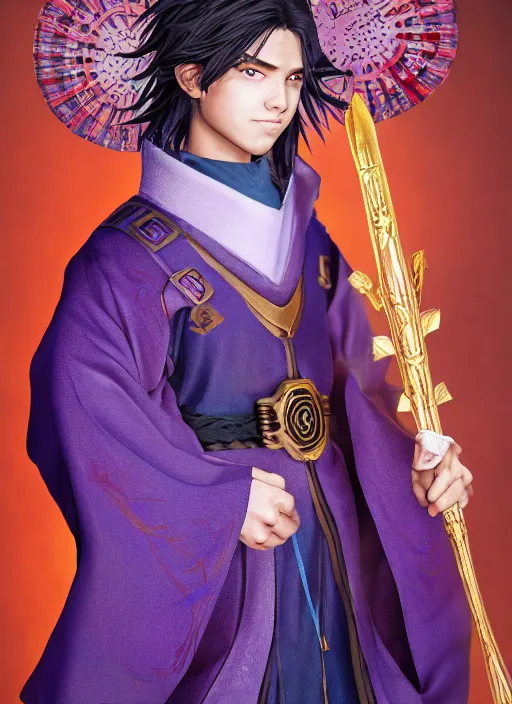 Image similar to An epic fantasy portrait painting of teenager boy with straight indigo hair, purple eyes with red eye markers, slim body, wearing a detailed Japanese kimono with golden armor pieces, holding japanese fan. Unreal 5, 8k, DAZ, hyperrealistic, octane render, studio Ufotable, Demon Slayer artstyle, cosplay, RPG portrait, dynamic lighting