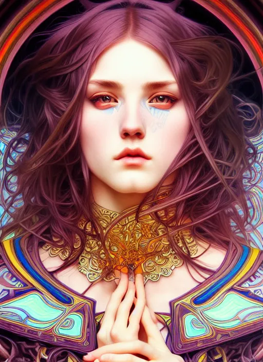 Image similar to overlord, psychedelic, portrait, highly detailed, deep focus, elegant, digital painting, smooth, sharp focus, illustration, ultra realistic, 8 k, art by artgerm and alphonse mucha