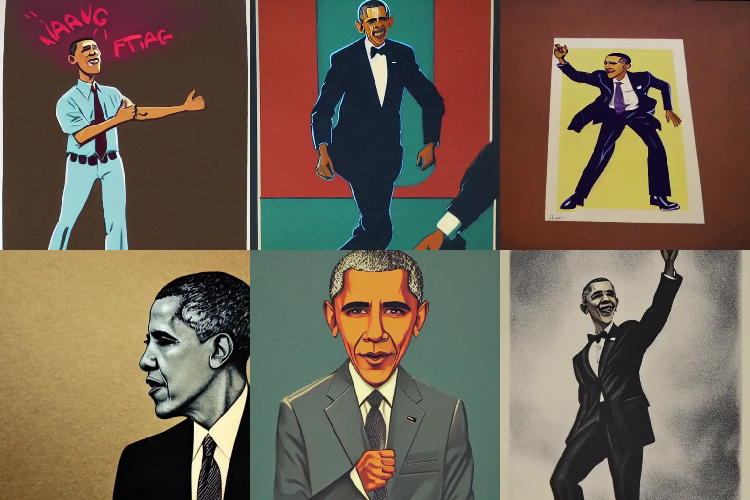 Prompt: Vintage lithograph of Barack Obama doing a Fortnite dance