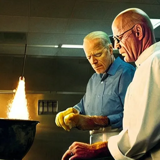 Image similar to “Very photorealistic screenshot of Joe Biden and Walter White cooking drugs in an episode of Breaking Bad, atmospheric lighting, award-winning”