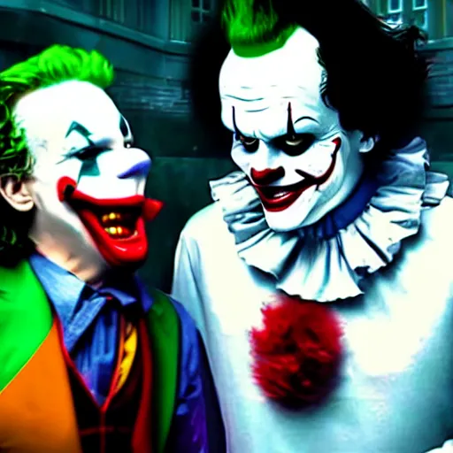 Image similar to The Joker doing Karaoke with Pennywise the Dancing Clown, 4k, ultra realistic, detailed