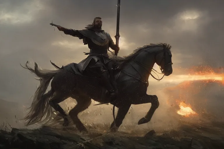 Prompt: cinematic still of King Arthur going to battle on his magestic horse and wielding Excalibur as he charges the enemy, raining, 4k, masterpiece, by Greg Rutkowski, Trending on Artstation