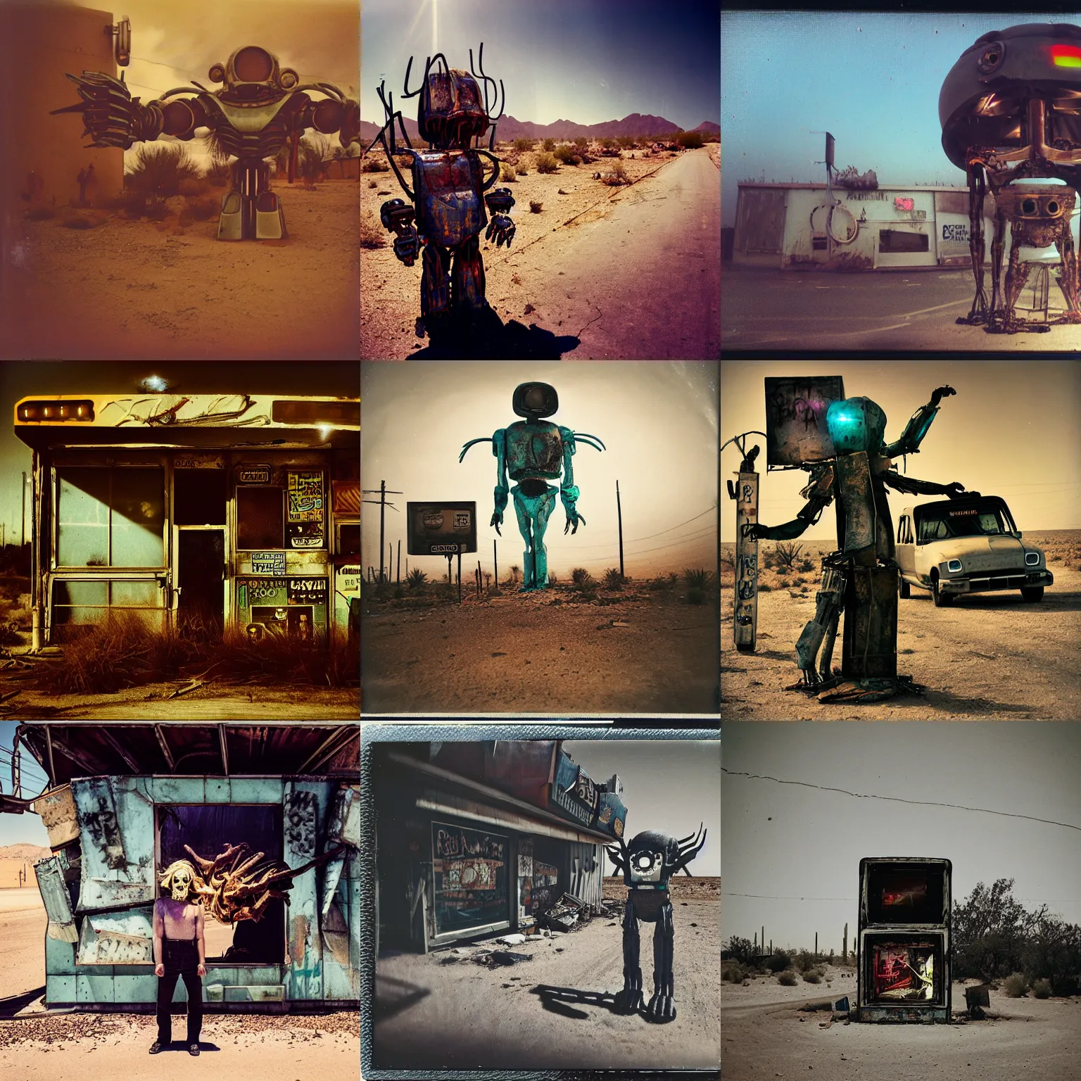 Prompt: polaroid photograph, travel photography, driving past a terrifying space creature standing in front of an abandoned cyberpunk bar made of scrap metal and scrap wood in the desert of a gloomy alien world, motion blur, brilliant lighting