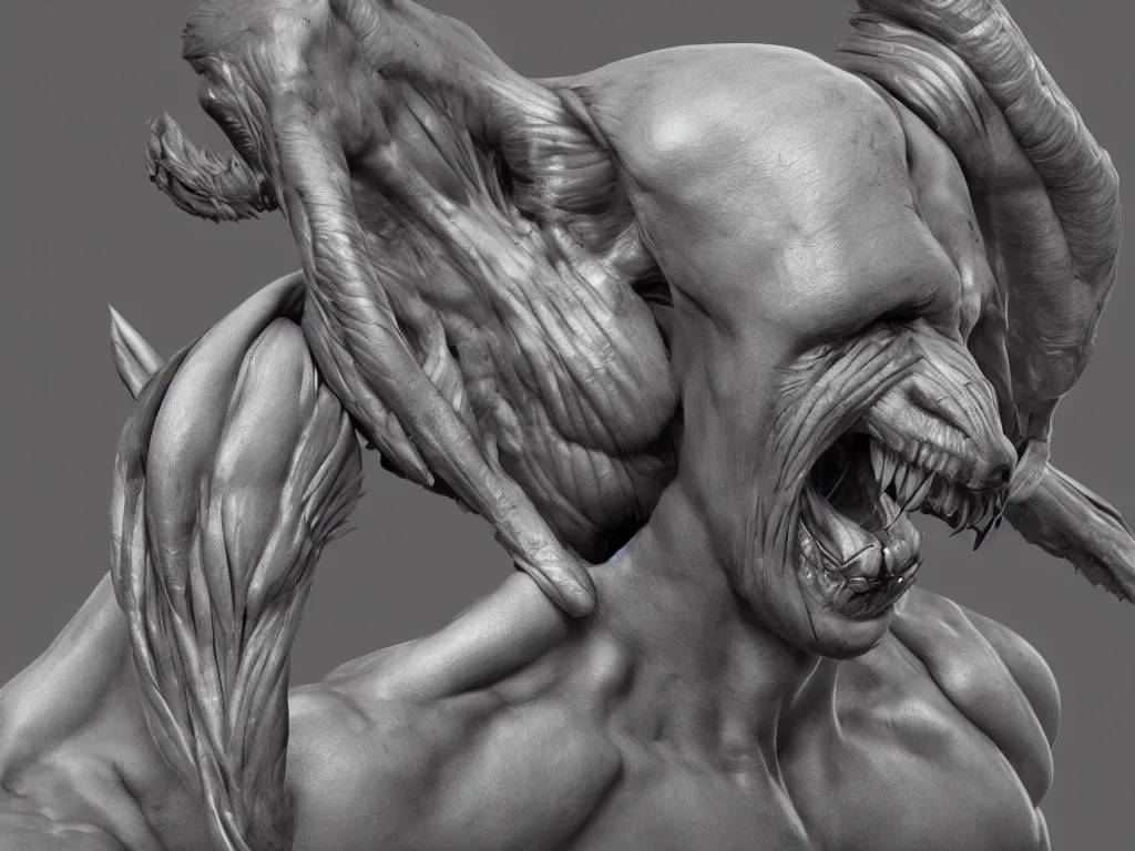 Prompt: muscular body, isopod, chiroptera head, chiroptera ears, big sharp teeth, hyperrealism, artstation, cgsociety, zbrush, no background