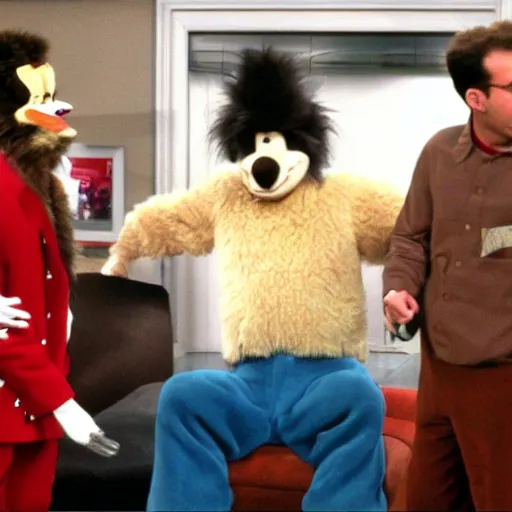 Prompt: That episode of Seinfield where Kramer accidently ends up at a furry convention and stumbles into a headless lounge right into a very surprised George Costanza.