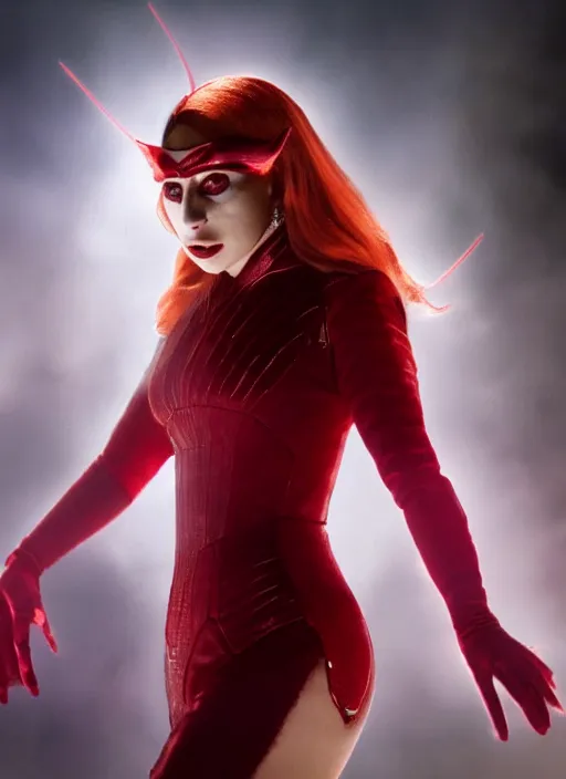 Image similar to screen of lady gaga as the scarlet witch in wandavision, High resolution. Highly detailed. Dramatic. 8k.4k.