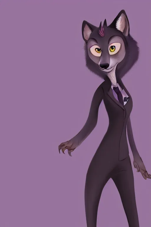 Prompt: matte painting of anthromorphic female wolf, in style of cory loftis, female fursona, furry, furaffinity, 4 k, deviantart, furry art, fursona art, wearing black business suit, business suit, in style of zootopia, wolf fursona, cyberpunk, female, very expressive detailed feminine face,