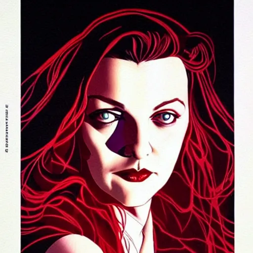 Image similar to comic art by joshua middleton, actress, sheryl lee as laura palmer in the tv show, twin peaks, striped curtains, dark shadows, ominous tones