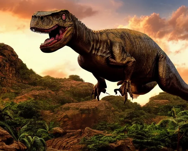 Prompt: jurassic park movie scene t - rex dinosaur, ultra realistic, rocky terrain, golden hour, cloudy sky