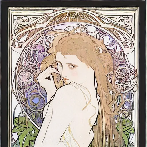 Image similar to art nouveau painting by Alphonse Mucha of Dream of the Endless from Sandman framed by white flowers. Soft, muted colors, dreamy aesthetic.